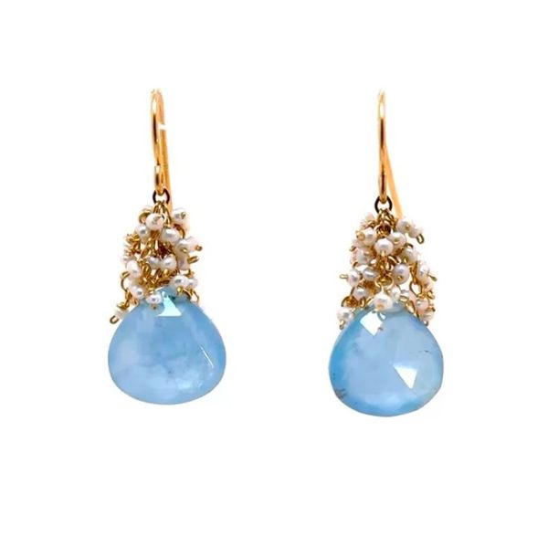 Aquamarine Briolette Drop Earrings w/ Seed Pearls Blue Heron Jewelry Company Poulsbo, WA