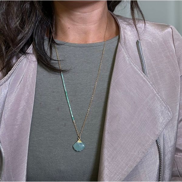 Chrysoprase Bead Section & Chalcedony Shell Pendant Necklace Image 2 Blue Heron Jewelry Company Poulsbo, WA