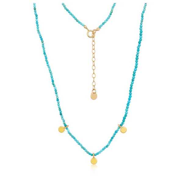 Turquoise Bead Necklace w/ Gold-Plated Hammered Discs Blue Heron Jewelry Company Poulsbo, WA