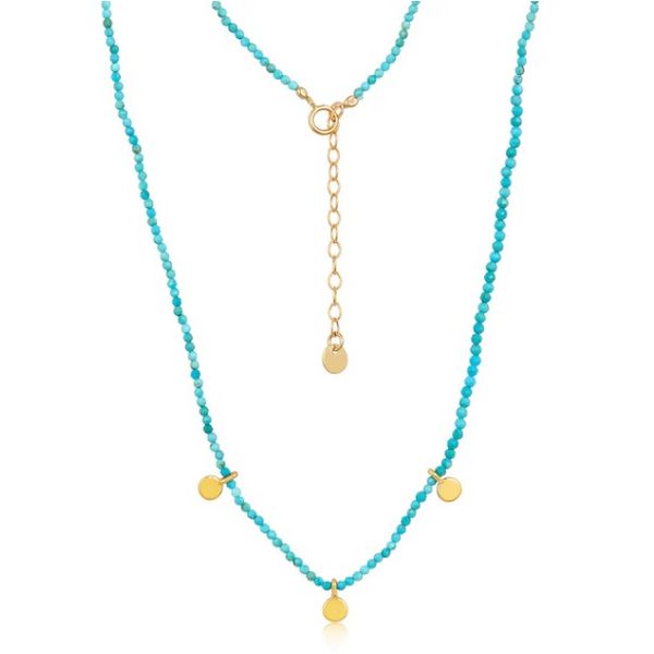 Turquoise Bead Necklace w/ Gold-Plated Hammered Discs Blue Heron Jewelry Company Poulsbo, WA