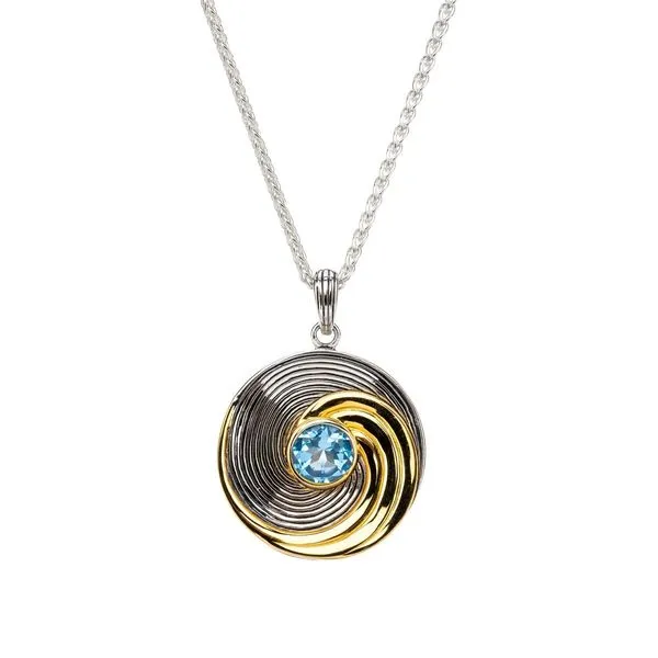 Silver & 23k Gold Swiss Blue Topaz Whirlpool Necklace Blue Heron Jewelry Company Poulsbo, WA