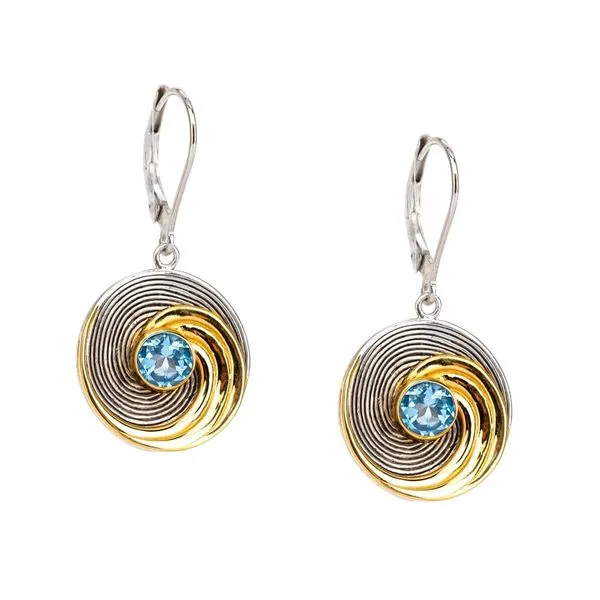 Silver & 23k Gold Swiss Blue Topaz Whirlpool Earrings Blue Heron Jewelry Company Poulsbo, WA