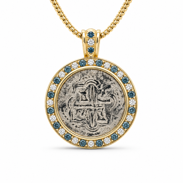 14K 2 REALE ATOCHA PENDANT W/BLUE DIAMONDS Blue Marlin Jewelry, Inc. Islamorada, FL