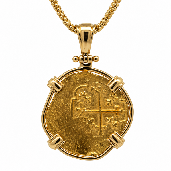 1715 Fleet Eight Escudo Treasure Coin Pendant in 18K Gold Blue Marlin Jewelry, Inc. Islamorada, FL