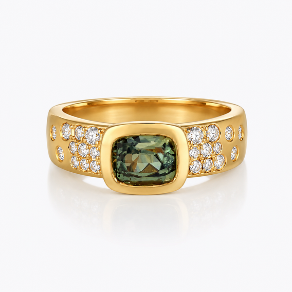 Natural/No Heat Green Sapphire Cushion & Diamond Confetti Bezel Ring Blue Marlin Jewelry, Inc. Islamorada, FL