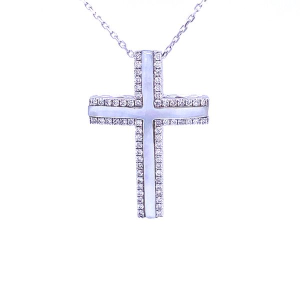 Frederic Sage White Mother of Pearl and Diamond Small Luna Cross Pendant/Necklace Blue Marlin Jewelry, Inc. Islamorada, FL