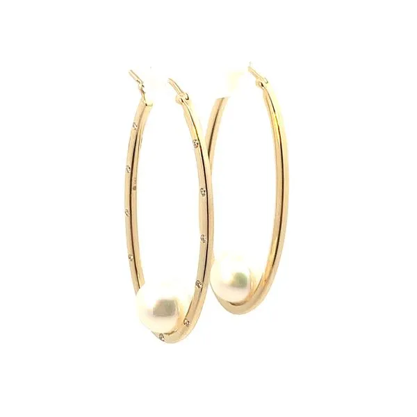 Akoya Pearl Hoop Earrings with Scattered Diamonds Image 2 Blue Marlin Jewelry, Inc. Islamorada, FL