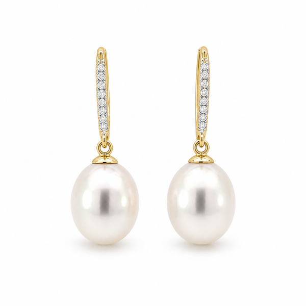 18K Yellow Gold White South Sea Dangle Pearl Earrings Blue Marlin Jewelry, Inc. Islamorada, FL