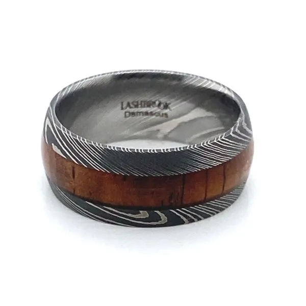 Lashbrook Men's Damascus Edge Wedding Band with Coco Bolo Wood Inlay Blue Marlin Jewelry, Inc. Islamorada, FL