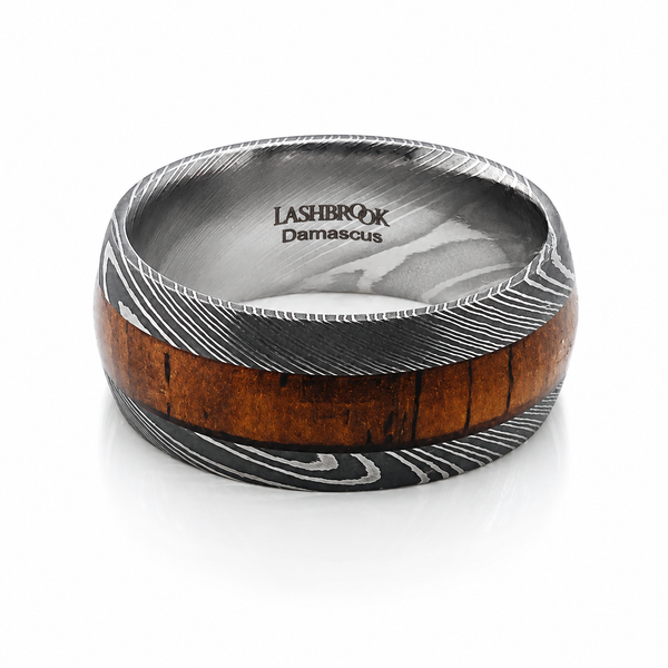 Lashbrook Men's Damascus Edge Wedding Band with Coco Bolo Wood Inlay Blue Marlin Jewelry, Inc. Islamorada, FL