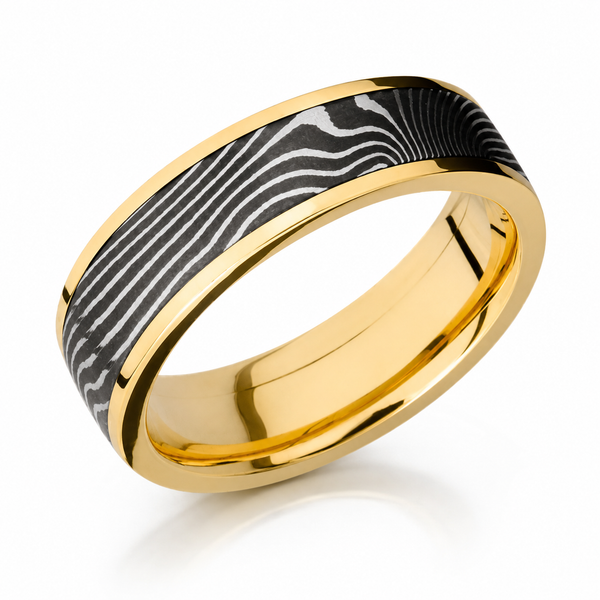 Lashbrook Men's Flat Gold Wedding Band with Twist Damascus Inlay Blue Marlin Jewelry, Inc. Islamorada, FL
