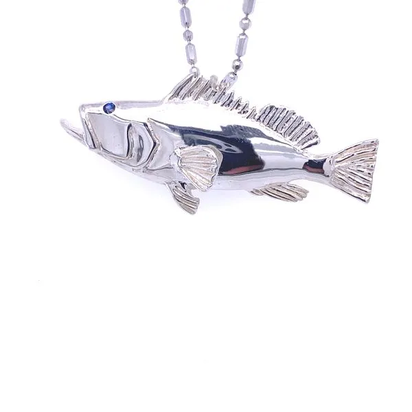 Silver Grouper Fish Pendant with Blue Sapphire Eye Blue Marlin Jewelry, Inc. Islamorada, FL