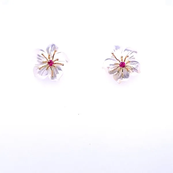 Denny Wong Mother of Pearl Plumeria Flowers Stud Earrings with Rubies Blue Marlin Jewelry, Inc. Islamorada, FL