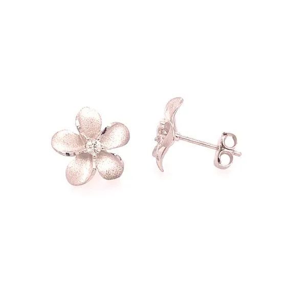 Denny Wong Silver Plumeria Flower Stud/Post Earrings with White Sapphire Image 2 Blue Marlin Jewelry, Inc. Islamorada, FL