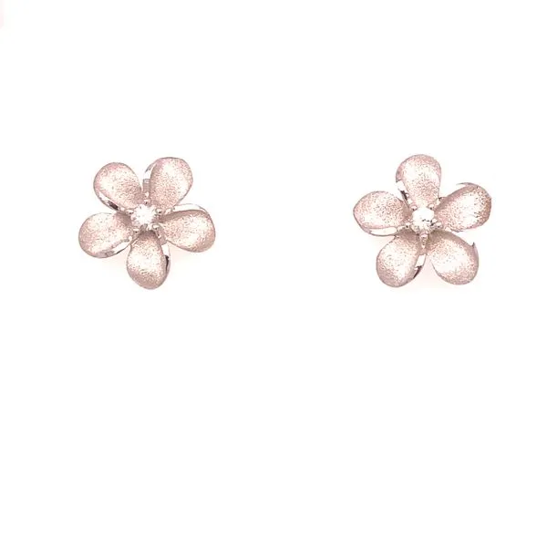 Denny Wong Silver Plumeria Flower Stud Post Earrings with White Sapphire