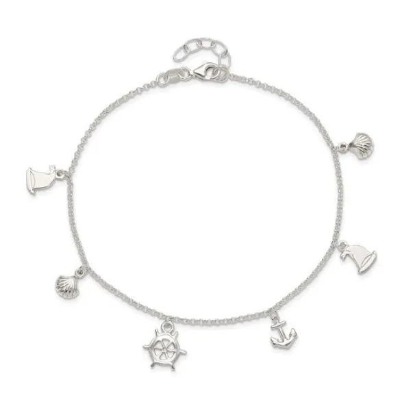 Sterling Silver Polished Ocean Theme 9in Plus 1in Ext. Anklet Blue Marlin Jewelry, Inc. Islamorada, FL