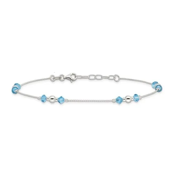 Sterling Silver Polished Bead and CZ 9in Plus 1in. Ext. Anklet Blue Marlin Jewelry, Inc. Islamorada, FL