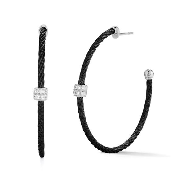 ALOR Black Cable Hoop Earrings with 18kt White Gold & Single Diamond Station Blue Marlin Jewelry, Inc. Islamorada, FL