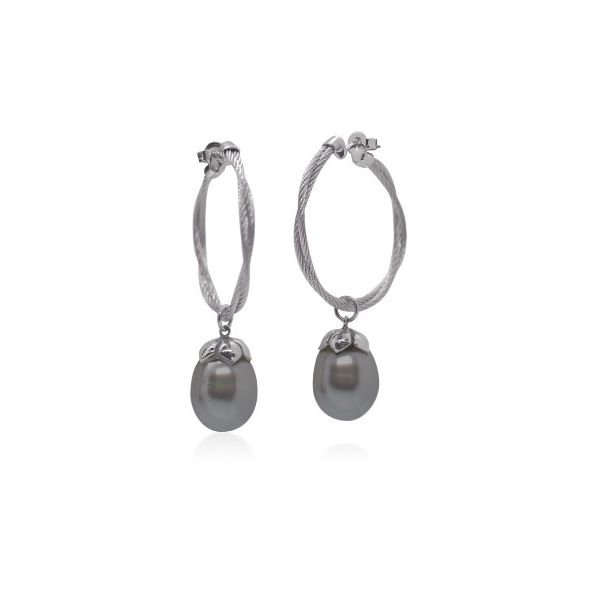 Alor Grey Twisted Cable Hoop with Black South Sea Pearl Earrings Blue Marlin Jewelry, Inc. Islamorada, FL