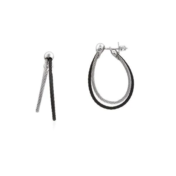 ALOR Black & Grey Cable Asymmetrical Hoop Earrings with 18kt White Gold Blue Marlin Jewelry, Inc. Islamorada, FL
