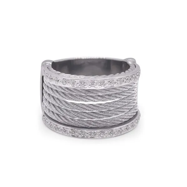 ALOR Grey Cable 5 Row Concave Ring with 18K Gold Diamonds