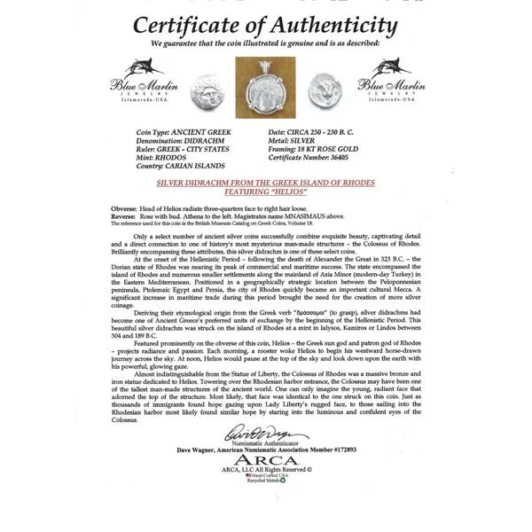 Historical Ancient Greek Helios Coin Pendant Image 2 Blue Marlin Jewelry, Inc. Islamorada, FL