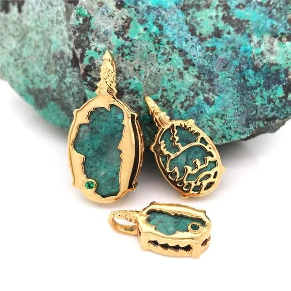 Gold Plated Reversible Lake Tahoe/Bear Pendant with Chrysocolla and Emerald Image 5 Bluestone Jewelry Tahoe City, CA