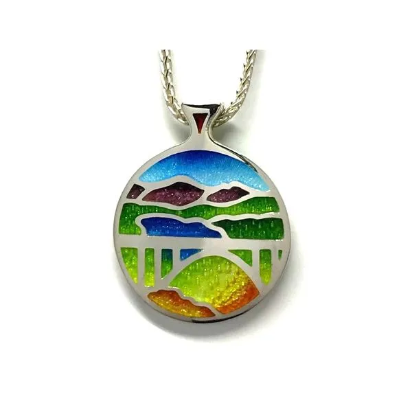 Fine Silver Enamel Truckee Pendant of Donner Lake & Rainbow Bridge in Bluestone Jewelry Tahoe City, CA