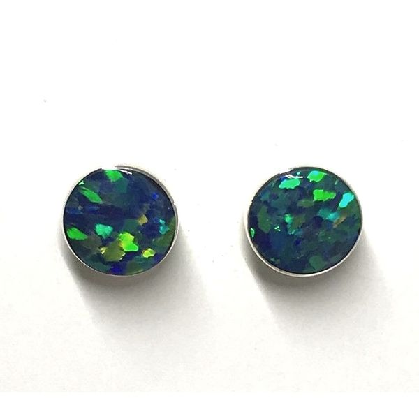 Sterling Silver Stud Earrings Bezel Set with Two 6mm Round Lab Create Opals. Bluestone Jewelry Tahoe City, CA