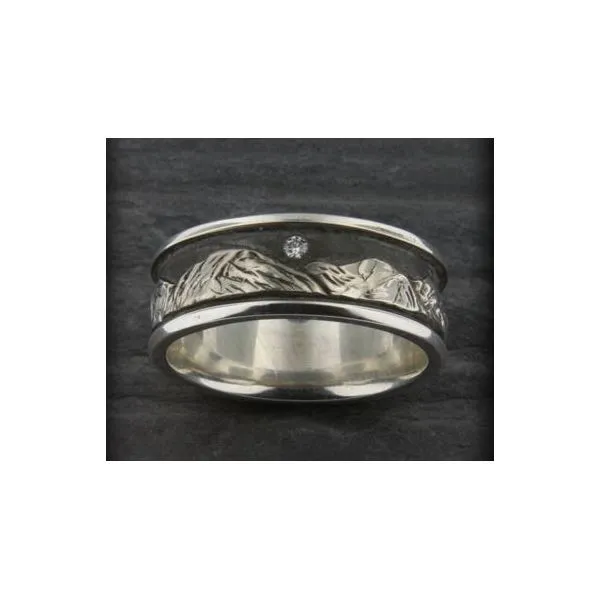 Argentium Silver Hand Carved Tahoe Truckee Mountain Ring with a 0.03 C Image 4 Bluestone Jewelry Tahoe City, CA