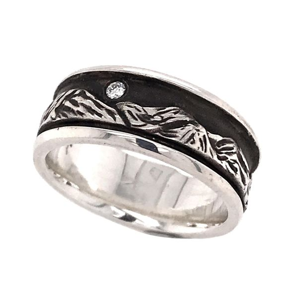 Argentium Silver Hand Carved Tahoe Truckee Mountain Ring with a 0.03 C Bluestone Jewelry Tahoe City, CA