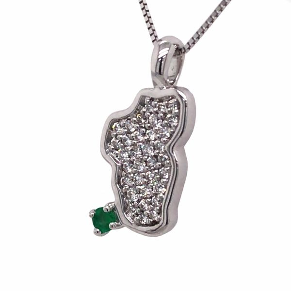 Small 14KT White Gold Lake Tahoe Pendant with Diamonds and Emerald Image 3 Bluestone Jewelry Tahoe City, CA