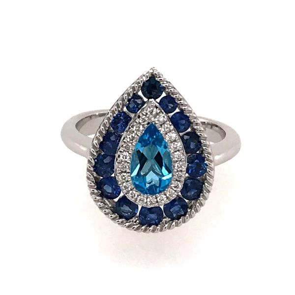 14 Karat White Gold Ring with Swiss Blue Topaz, Sapphires and Diamonds Bluestone Jewelry Tahoe City, CA