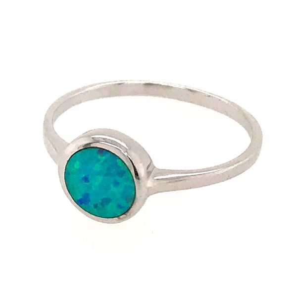 Sterling Silver Ring with a round Lab-Grown Opal Image 2 Bluestone Jewelry Tahoe City, CA