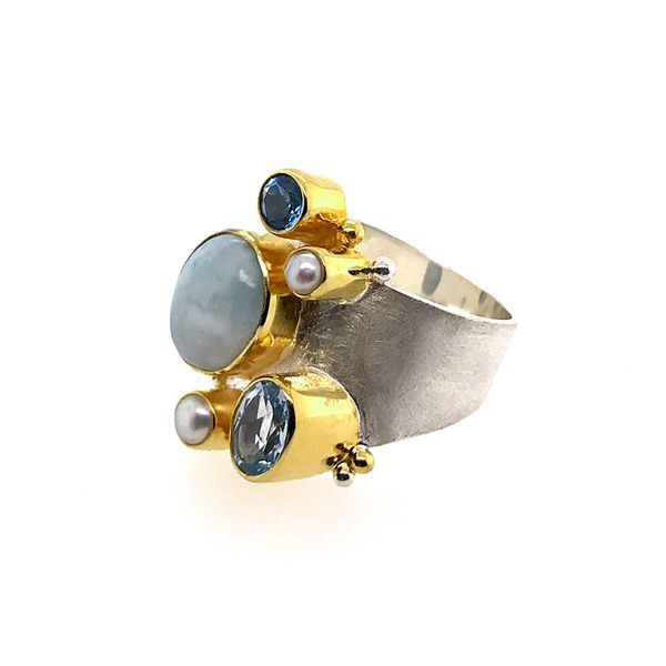 Silver & 22 Karat Yellow Gold Vermeil Ring with Pearl, Larimar and Topaz Image 2 Bluestone Jewelry Tahoe City, CA