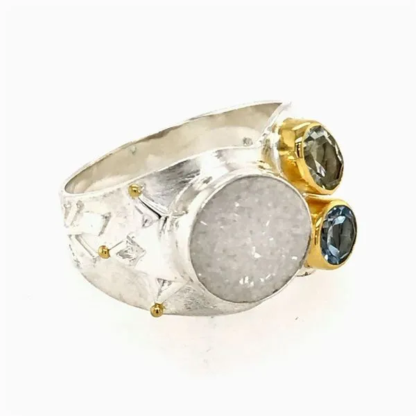 Silver and 22kt YG Ring with Aurora Druzy, Green Amethyst and Blue Topaz Image 2 Bluestone Jewelry Tahoe City, CA