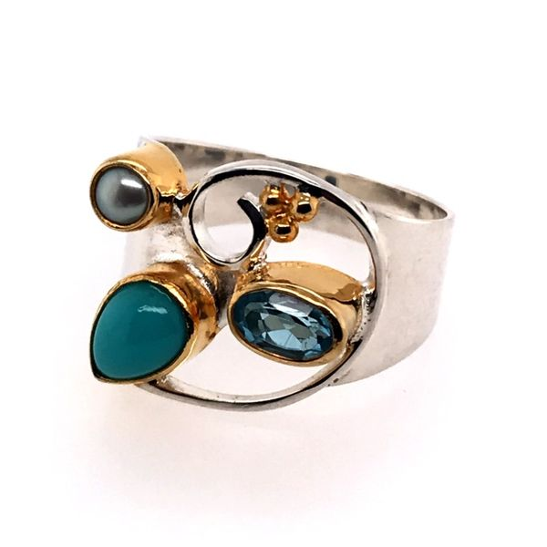 Sterling Silver and 22K YG Ring with Pearl, Turquoise and Topaz Image 2 Bluestone Jewelry Tahoe City, CA