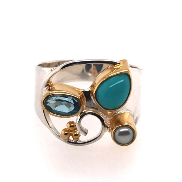 Sterling Silver and 22K YG Ring with Pearl, Turquoise and Topaz Bluestone Jewelry Tahoe City, CA