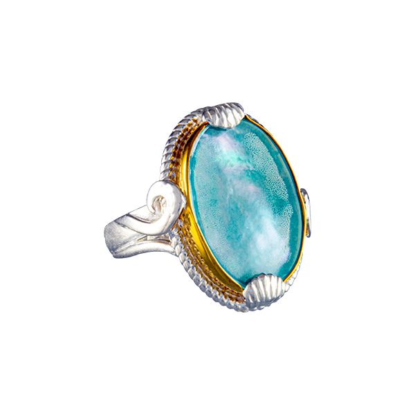 Silver and 22 Karat Yellow Gold Vermeil Ring with Mother of Pearl, Amazonite and Quartz- Ring size 9 Bluestone Jewelry Tahoe City, CA