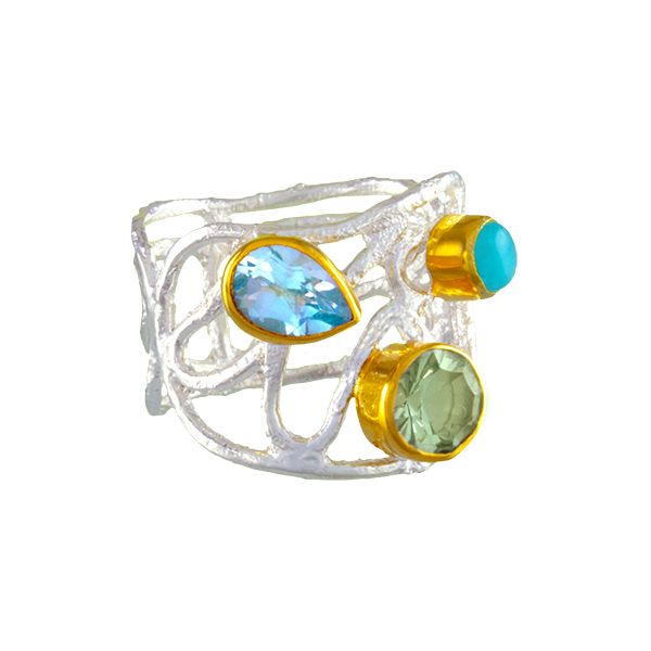 Silver and 22 Karat Yellow Gold Ring with Green Amethyst, Amazonite and Topaz- Ring size 8 Bluestone Jewelry Tahoe City, CA