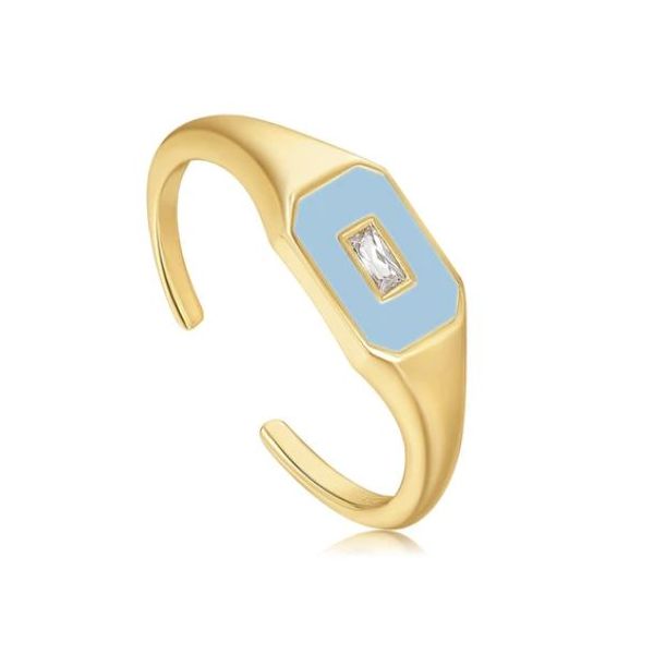 Gold Plated Adjustable Ring with Powder Blue Enamel and CZ Bluestone Jewelry Tahoe City, CA