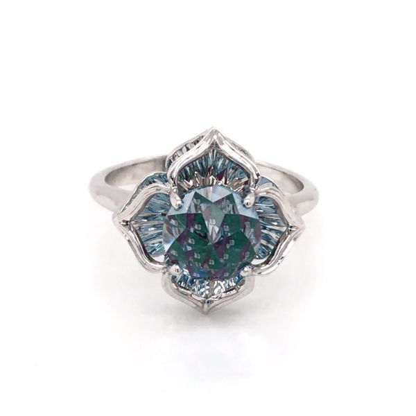 KALEIDOSCOPE 14K White Gold Ring w/ one 6.5mm Round Blue Topaz, Emeralds & Rubies Image 2 Bluestone Jewelry Tahoe City, CA