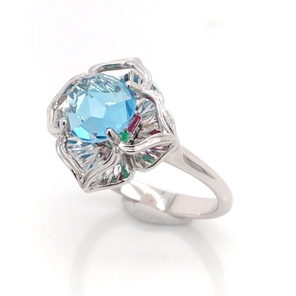 KALEIDOSCOPE 14K White Gold Ring w/ one 6.5mm Round Blue Topaz, Emeralds & Rubies Image 3 Bluestone Jewelry Tahoe City, CA