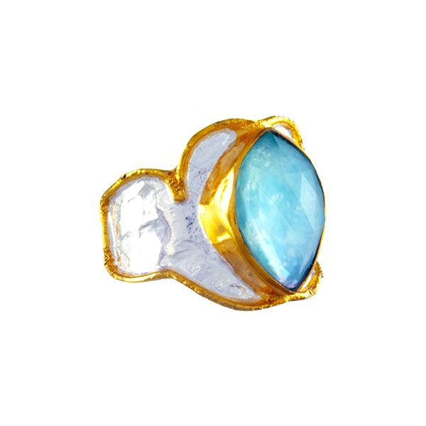 Silver & 22 Karat Yellow Gold Ring with Mother of Pearl, Topaz and Amazonite Bluestone Jewelry Tahoe City, CA