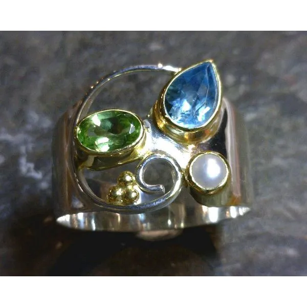 Silver & 22 Karat Yellow Gold Ring with Pearl, Topaz & Peridot- Ring Size 9.5 Image 2 Bluestone Jewelry Tahoe City, CA