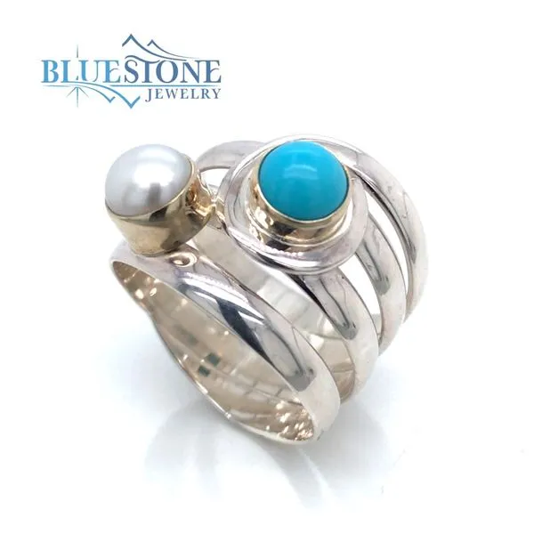 Silver & Gold Ring with Turquoise and Pearl- Ring size 9 Image 2 Bluestone Jewelry Tahoe City, CA