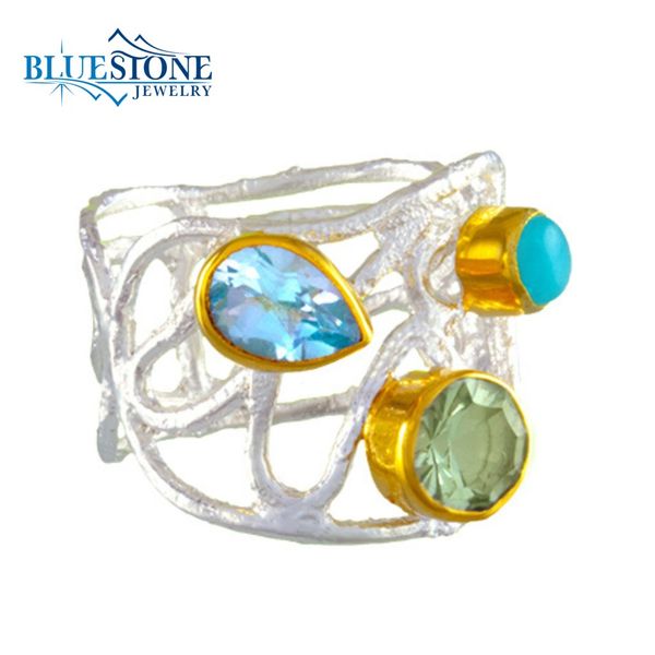 Silver & Gold Ring with Green Amethyst, Amazonite and Topaz- Size 7 Bluestone Jewelry Tahoe City, CA