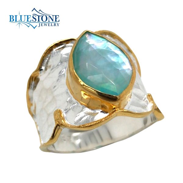 Silver & Gold Ring with Mother of Pearl, Topaz and Amazonite- Size 9 Bluestone Jewelry Tahoe City, CA