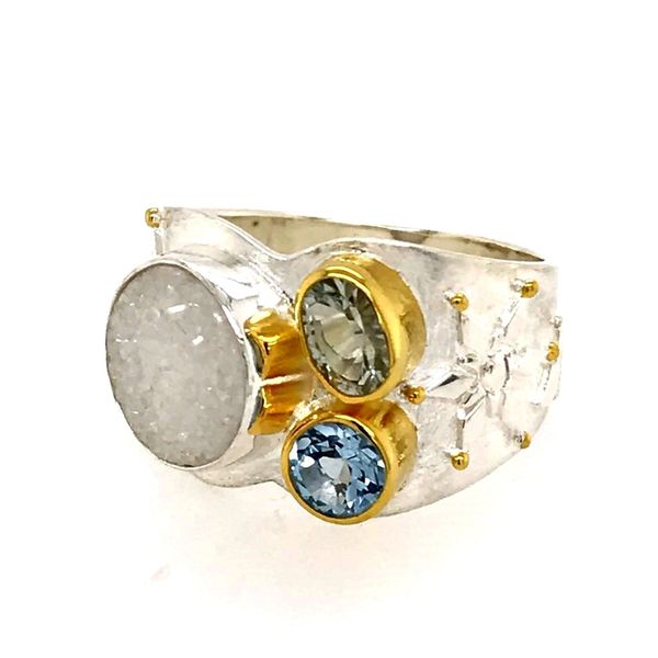 Silver & Gold Ring with Druzy, Green Amethyst and Topaz- size 7 Bluestone Jewelry Tahoe City, CA