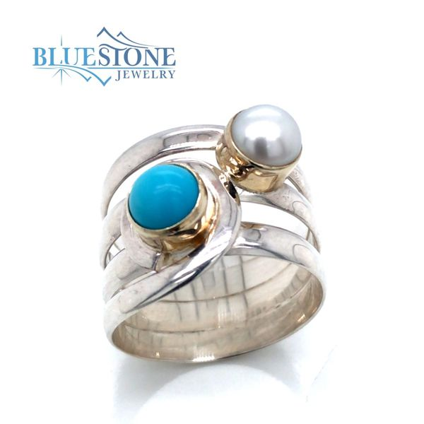 Silver & Gold Ring with Turquoise and Pearl- Ring size 7 Bluestone Jewelry Tahoe City, CA